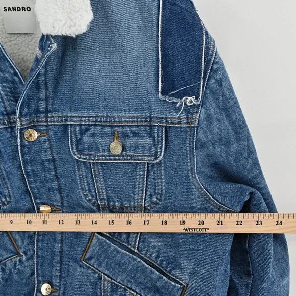 Sandro David Denim Jacket Womens Sz 36 Blue Faux Shearling Trimmed Trucker Jean - Picture 3 of 16